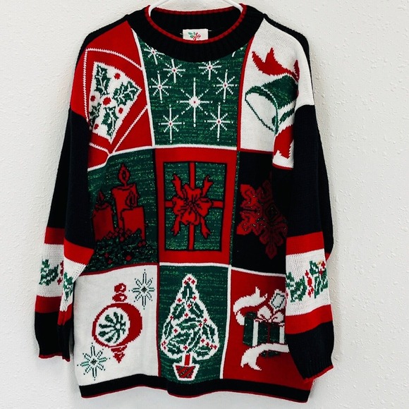 Sweaters - Vtg Womens M Nutcracker Christmas Tunic‎ Sweater Black Green Glitter Red White